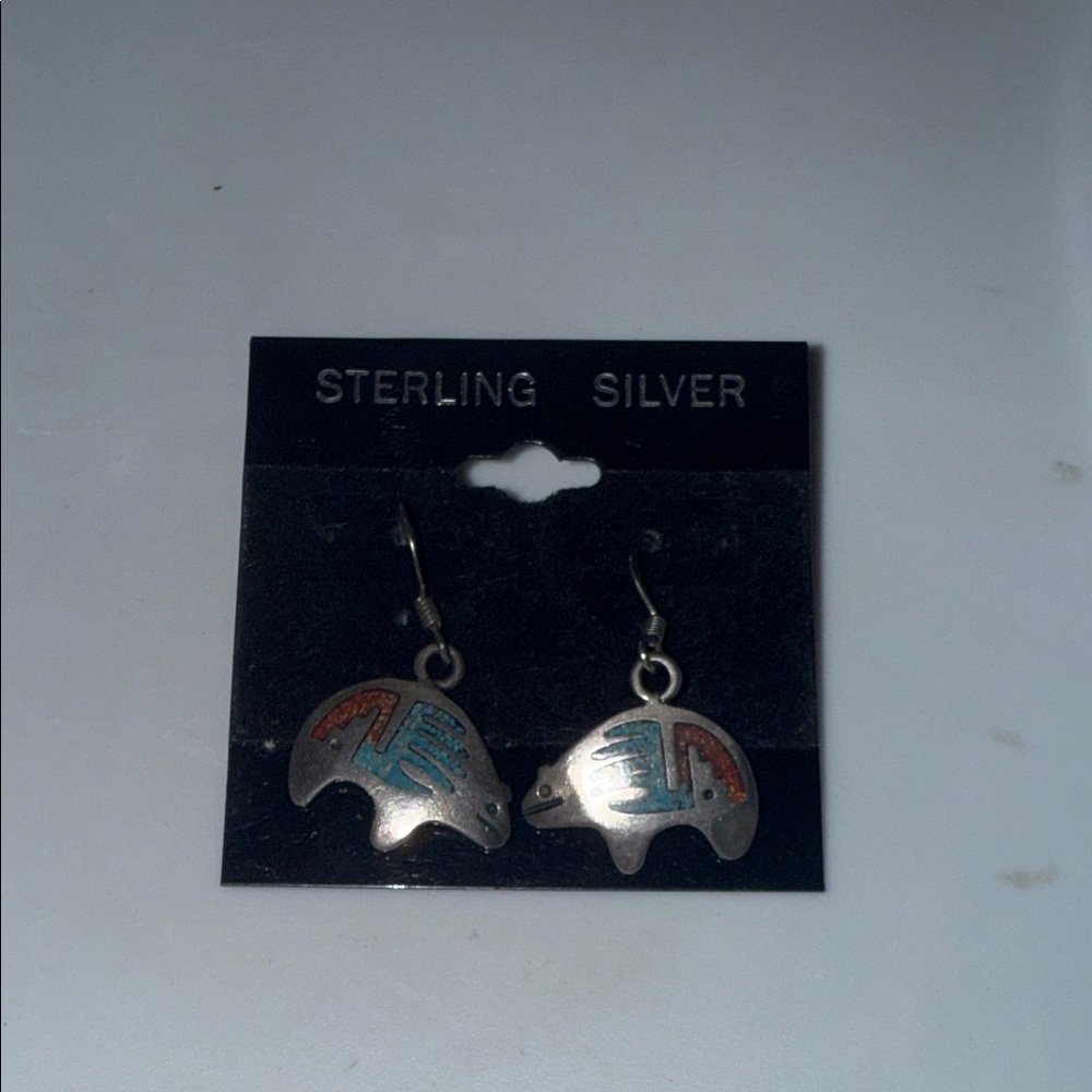Sterling Silver Bear Earrings with Turquoise and Coral Accents